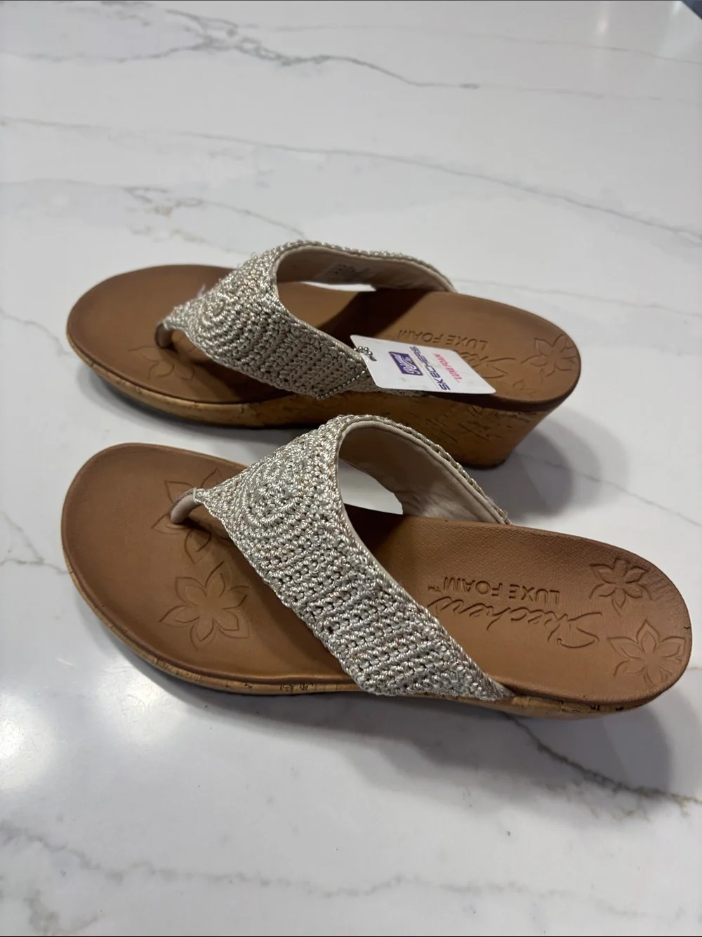 Skechers Silver Beaded Cork-Look Wedge Thong Sandals